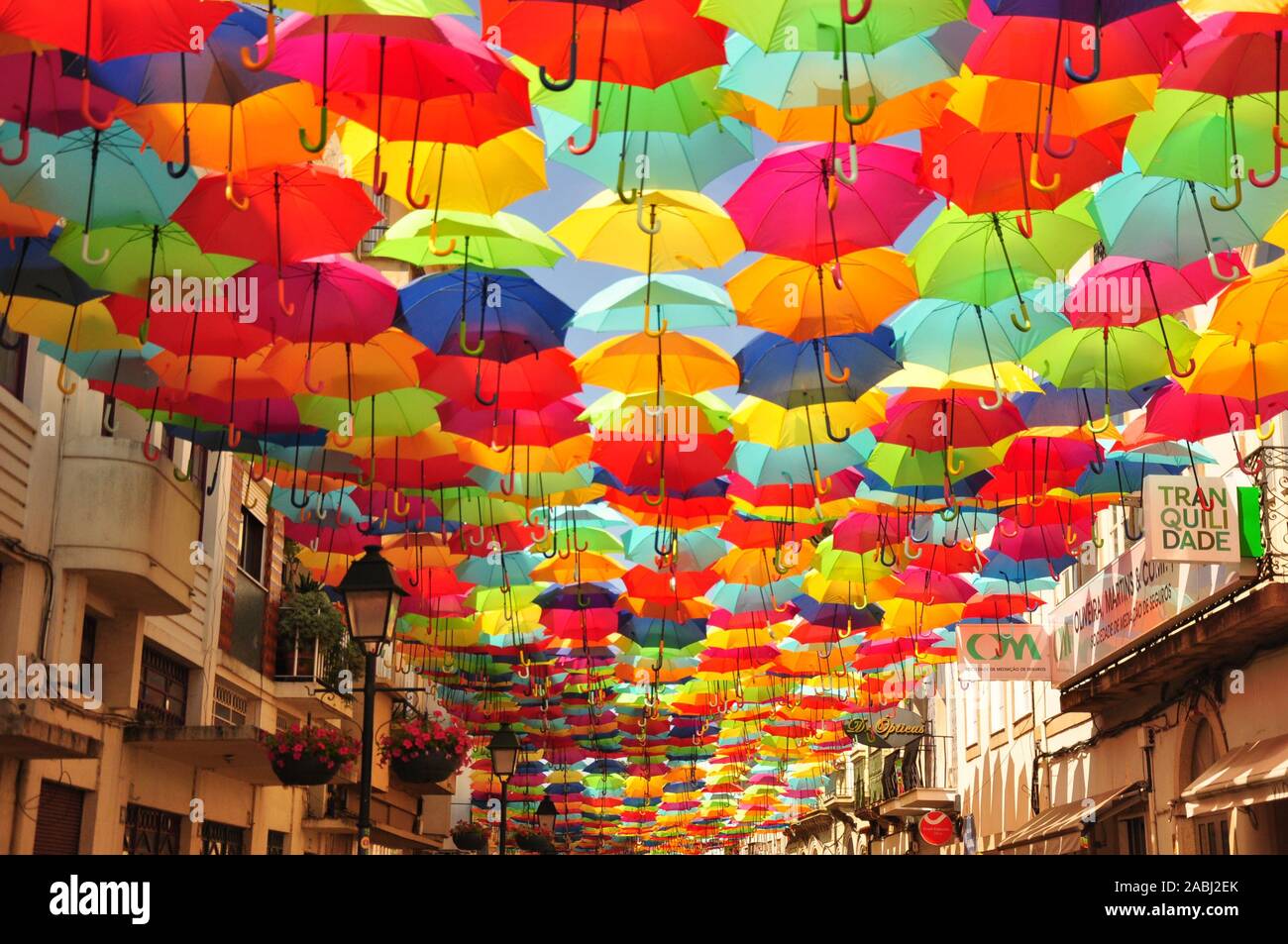 Colorful umbrellas in the street. Agueda, Portugal [SPE2ABJ2EK]