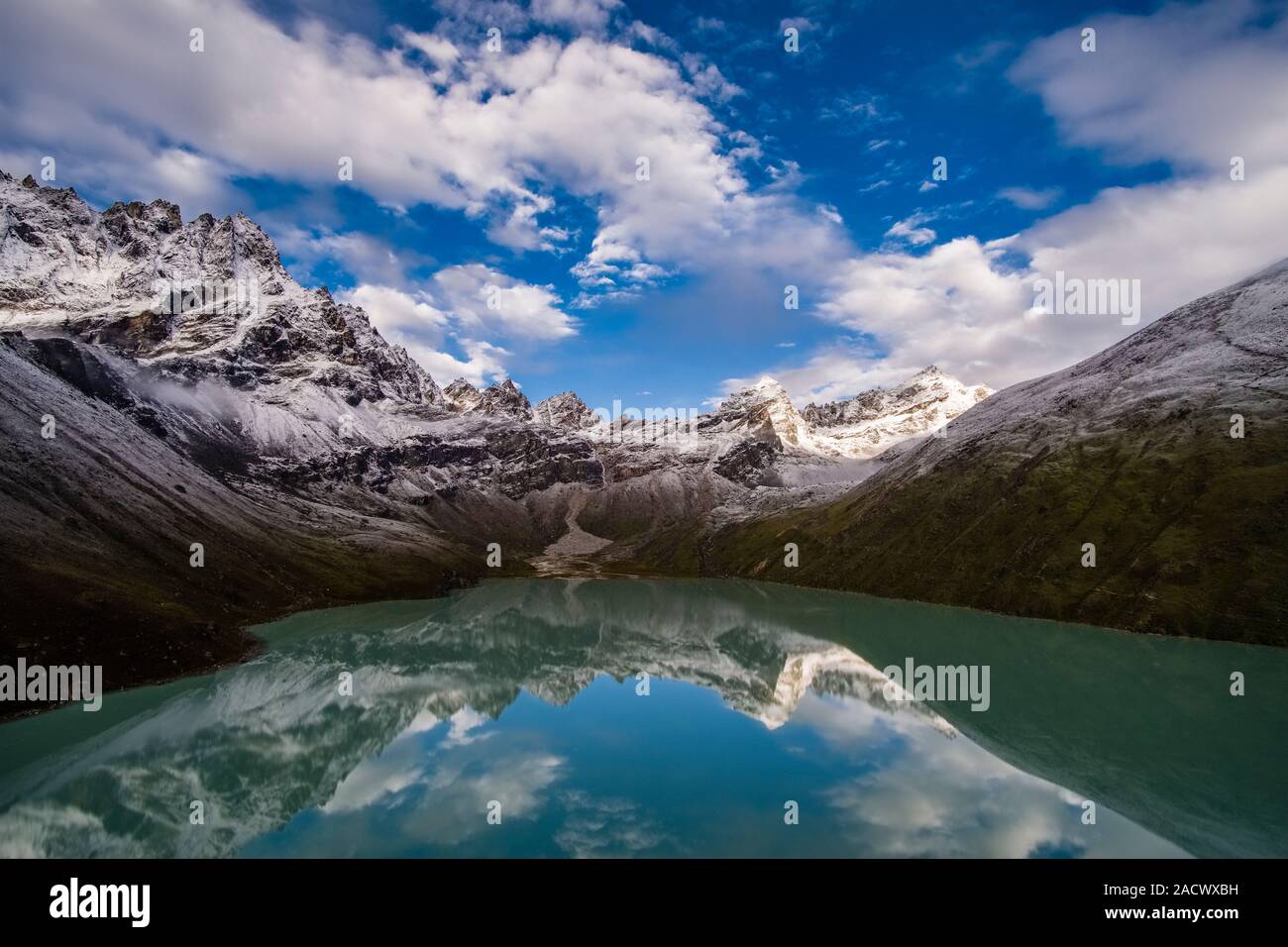 Panoramic view of the snow-covered pass Renjo La, mirroring in Gokyo Lake [SPE2ACWXBH]