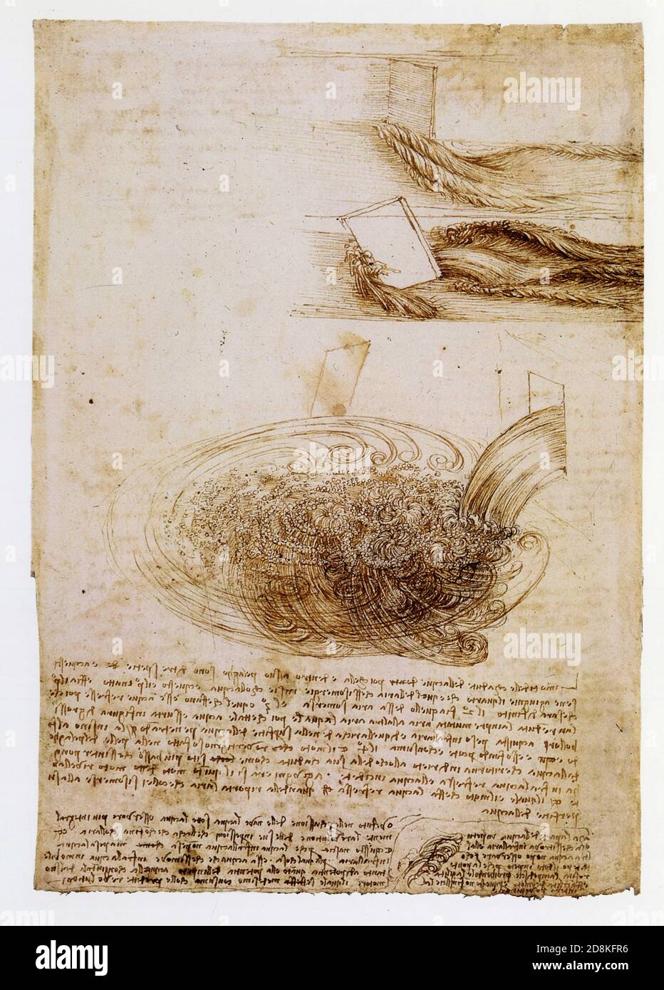 Leonardo da Vinci. Studies of water passing obstacles and falling into a pool. 1508-1509. Pen and ink over traces of black chalk [SPE2D8KFR6]