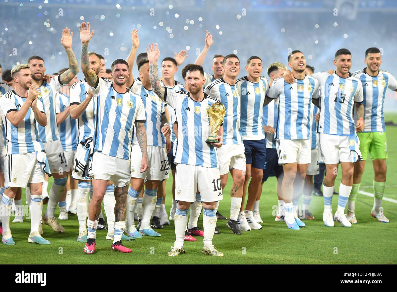 Santiago del Estero, Argentina, 28th Mar, 2023. Lionel Messi and players of Argentina, celebrate winning the FIFA World Cup Qatar 2022, after the match between Argentina and Curacao, for the International Friendly 2023, at Unico Madre de Ciudades Stadium, [SPE2PHJE3A]