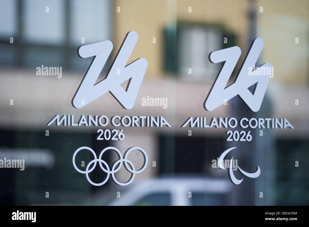 CORTINA D'AMPEZZO, ITALY - December 12, 2025:  The logo with the Olympic rings in Cortina 2026 is for the 25th Olympic Winter Games. [SPE3DCA1EM]