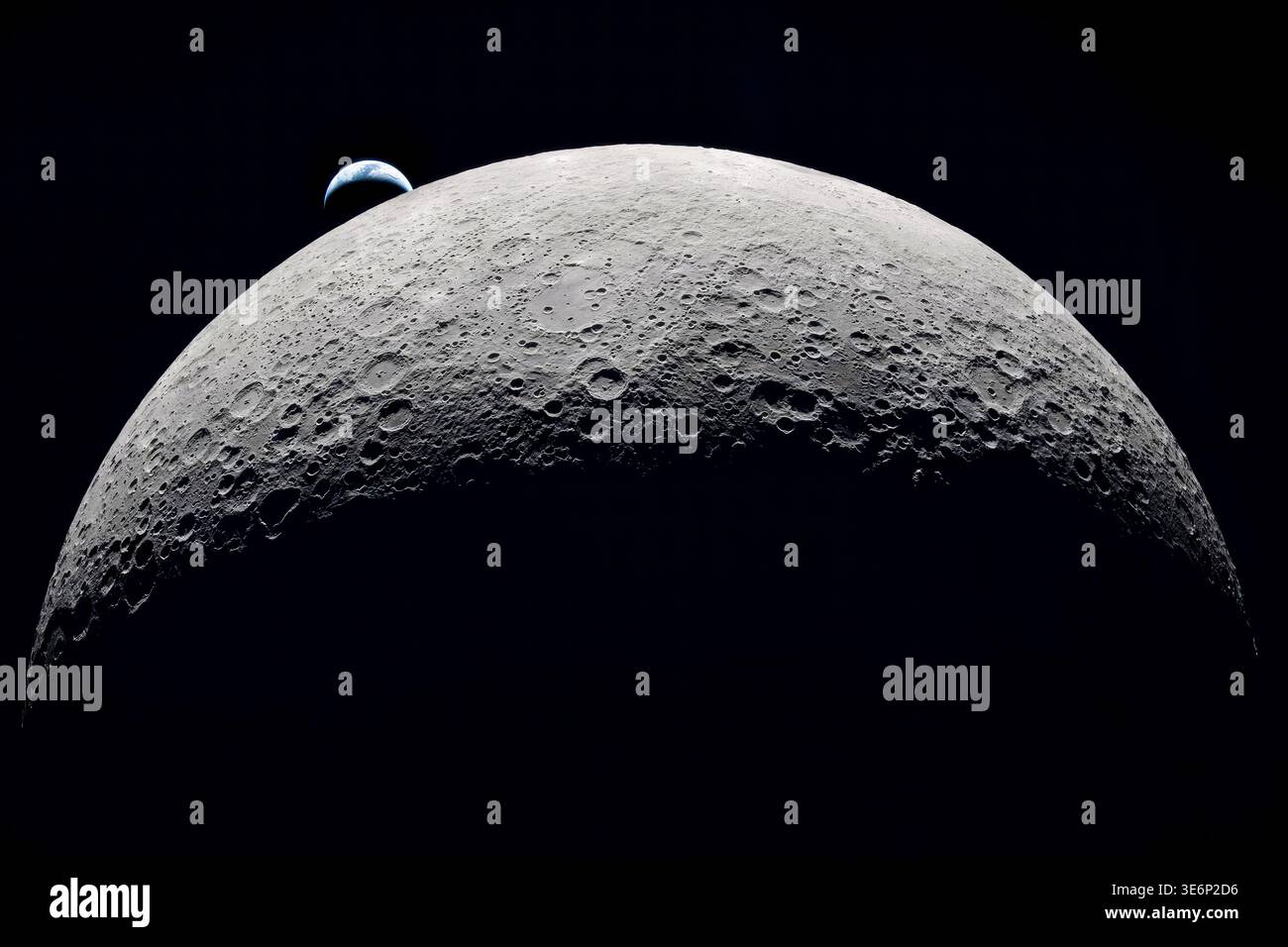 Earthset over the Moon’s curved limb during Artemis II lunar flyby, crescent Earth with clouds over Australia and Oceania, Orientale basin and Hertzsp [SPE3E6P2D6]