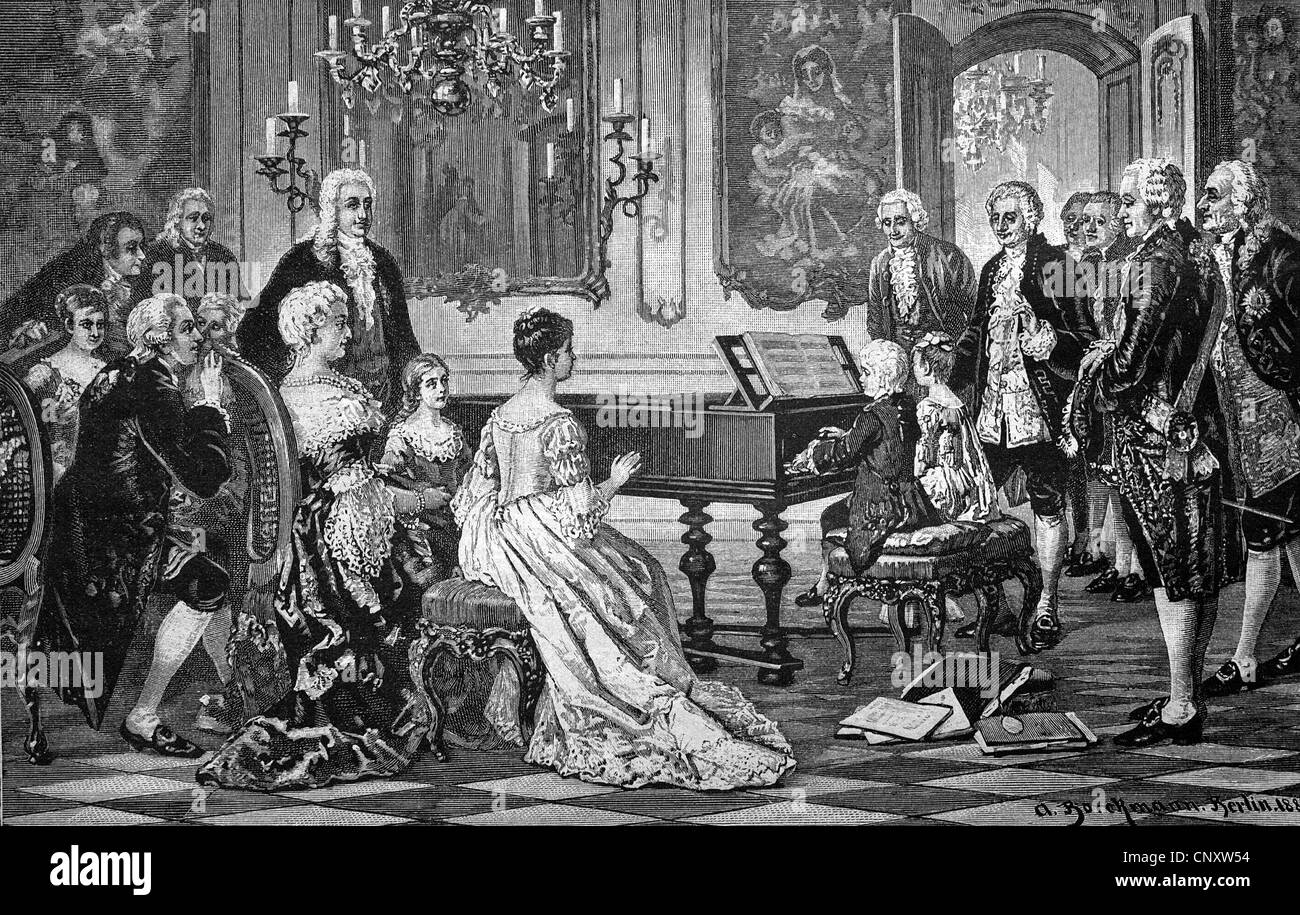 Mozart and his sister playing in front of the Empress Maria Theresia, historic engraving, 1888 [SPECNXW54]