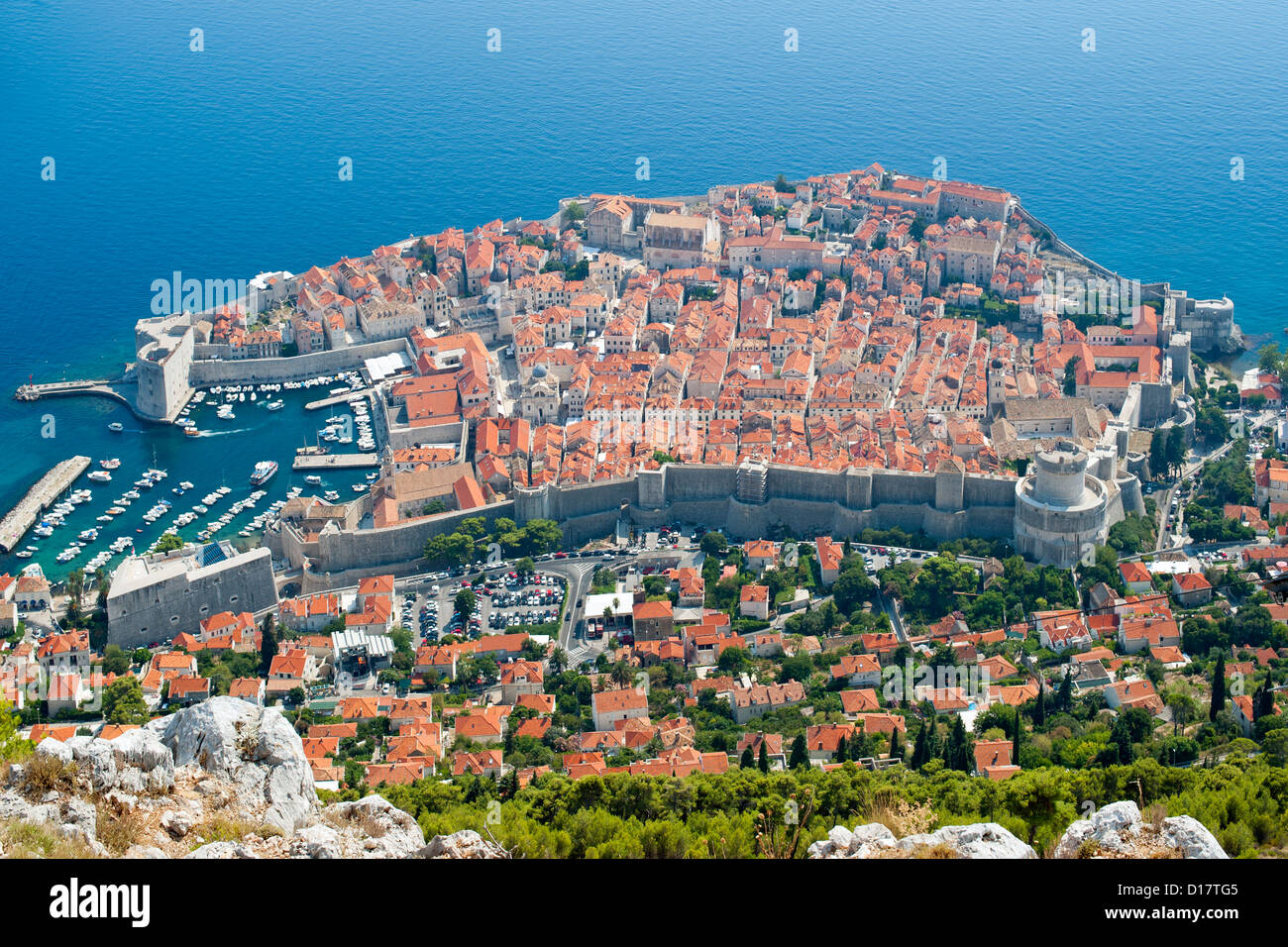 View from Mount Srd of the old town in the city of Dubrovnik on the Adriatic coast of Croatia. [SPED17TG5]