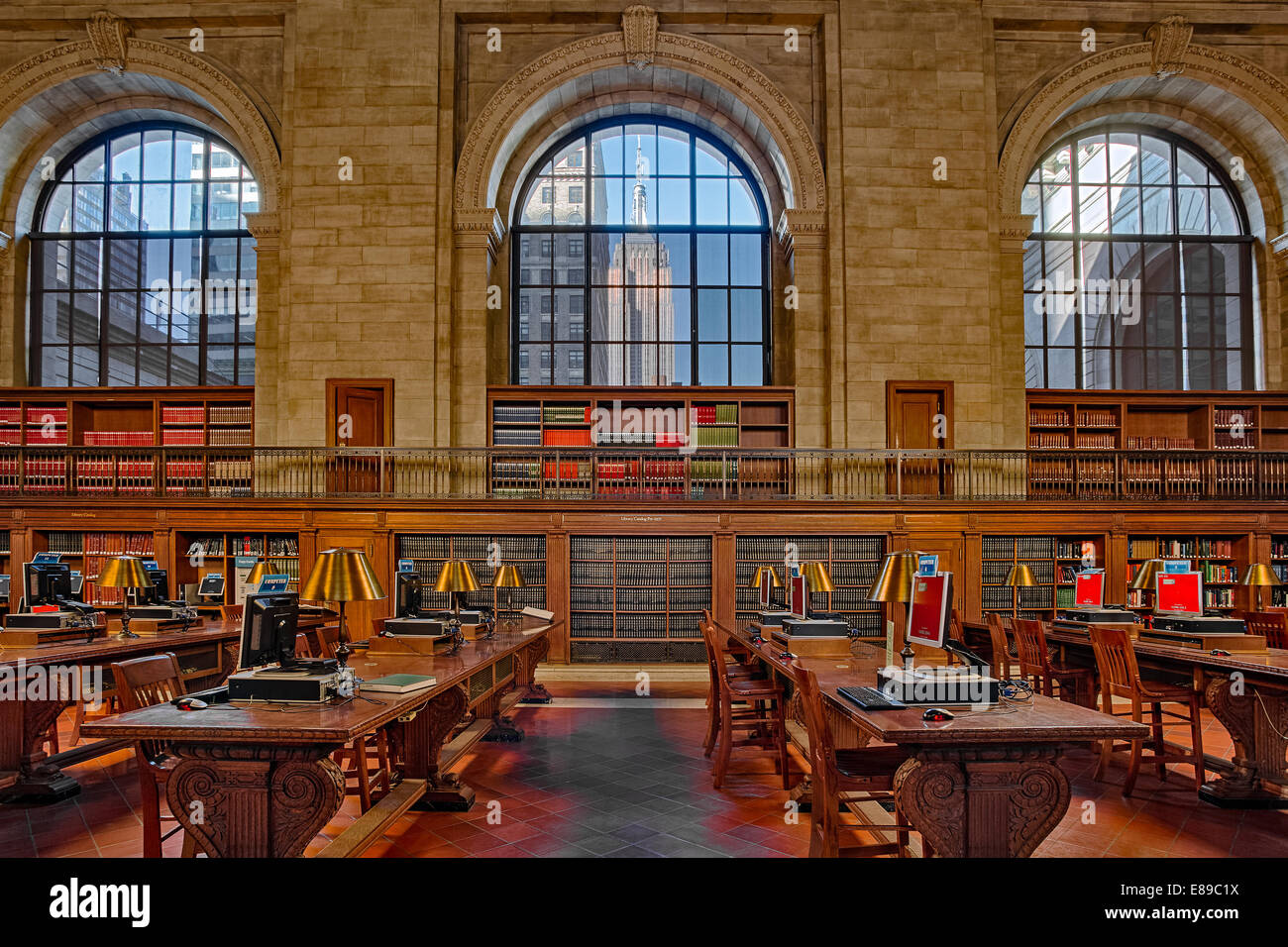 A view to the Empire State Building from the interior of the Stephen A. Schwarzman Building commonly referred to as the New York Public Library in New York City. [SPEE89C1X]