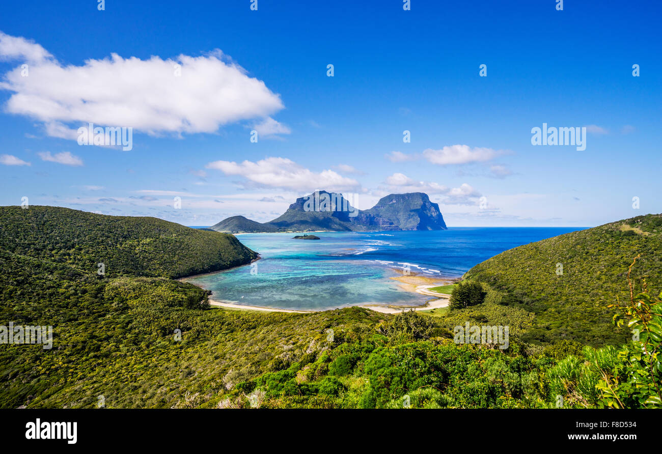 Lord Howe Island, view of North Bay from Mount Eliza with the prominent Mount Lidgbird and Mount Gower in the background. [SPEF8D534]