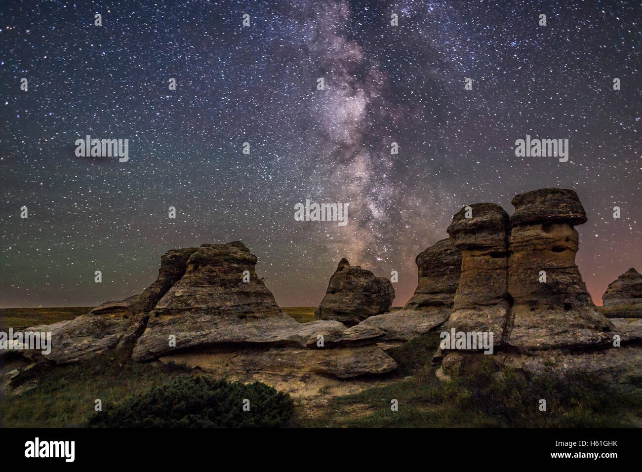 The Milky Way over the sandstone hoodoos of Writing-on-Stone Provincial Park in southern Alberta.   This is a comppsite of a sin [SPEH61GHK]