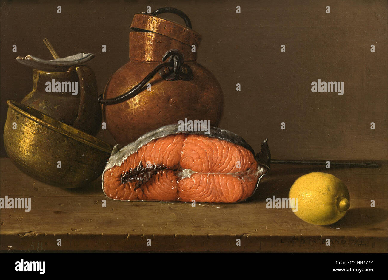 Luis Melendez, Still Life with Salmon,Lemon and three Vessels,1772 Museo del Prado Madrid [SPEHN2C2Y]