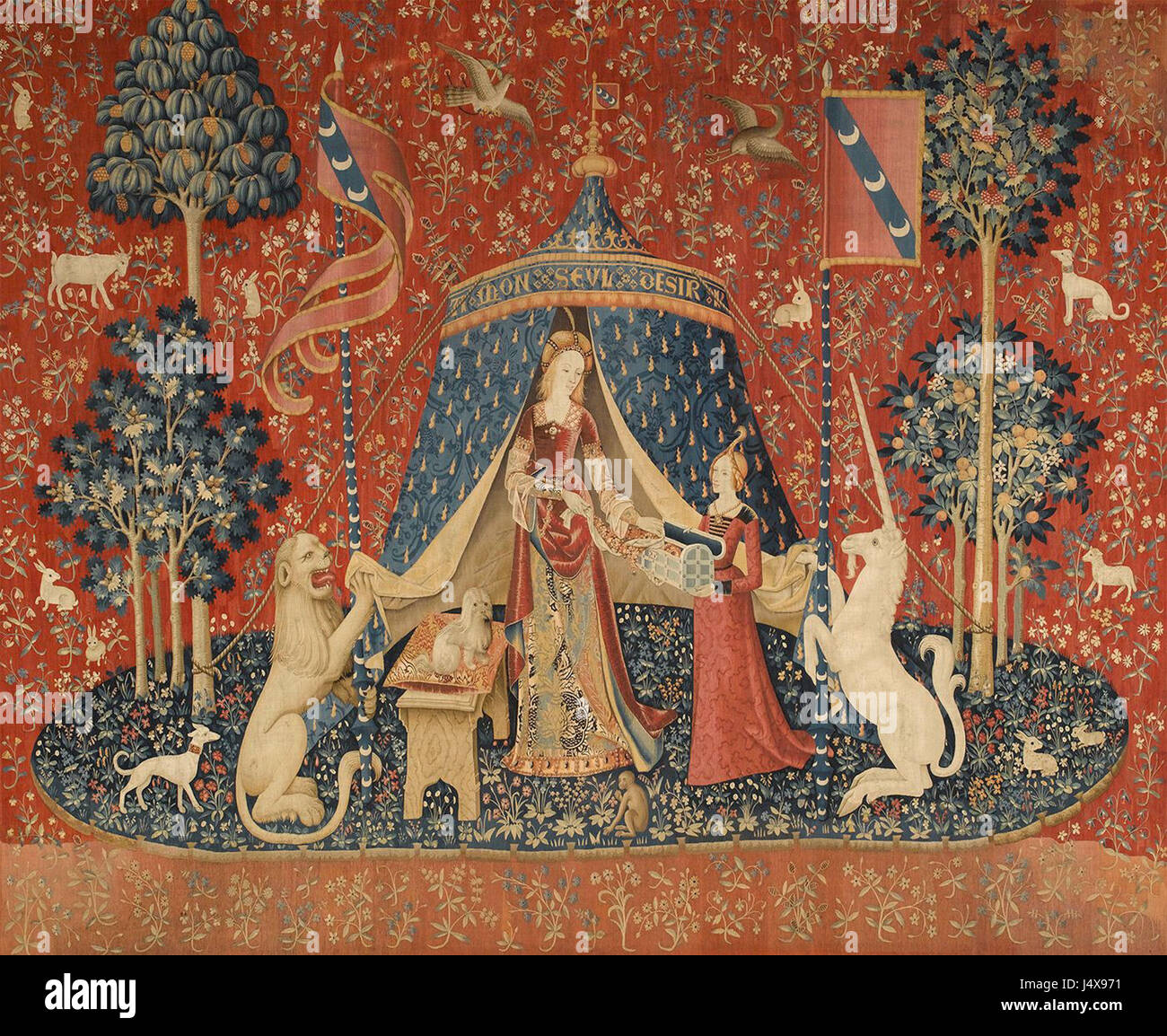 'The Lady and the Unicorn' is a famous tapestry series from the 15th century depicting a lady surrounded by unicorns, with 'Desire' being one of the key themes in the series. [SPEJ4X971]