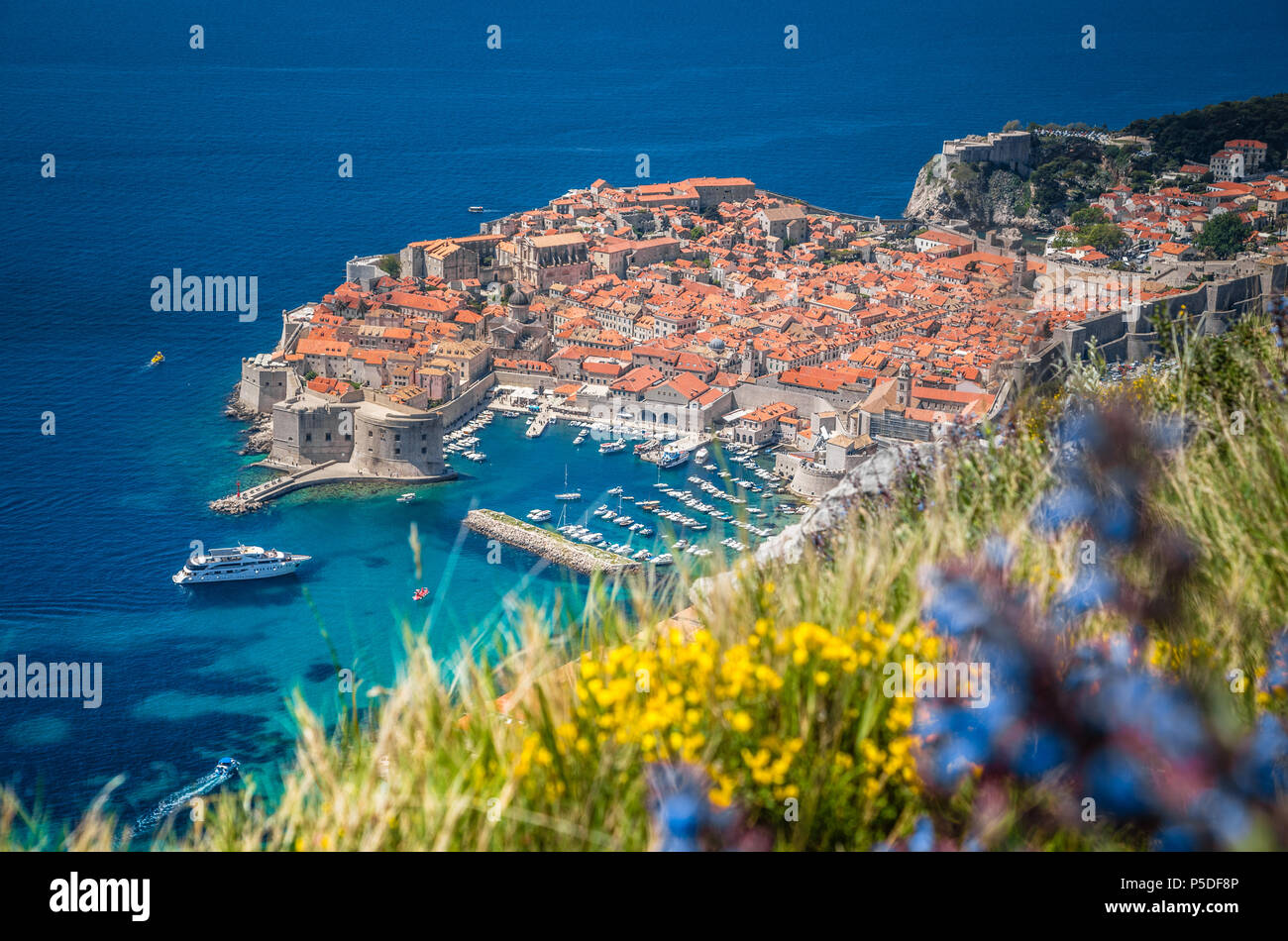 Panoramic aerial view of the historic town of Dubrovnik, one of the most famous tourist destinations in the Mediterranean Sea, from Srd mountain [SPEP5DF8P]